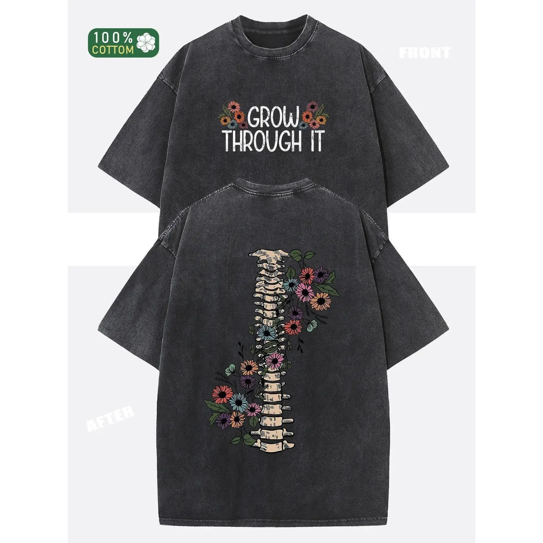 230g Washed Cotton Unisex 90s graphic T-Shirt - Dual-Sided GROW THROUGH IT & Floral Print, Retro Vintage Loose Fit Short Sleeve Top for Men & Women, Spring Summer Casual Wear boyfriend  tees