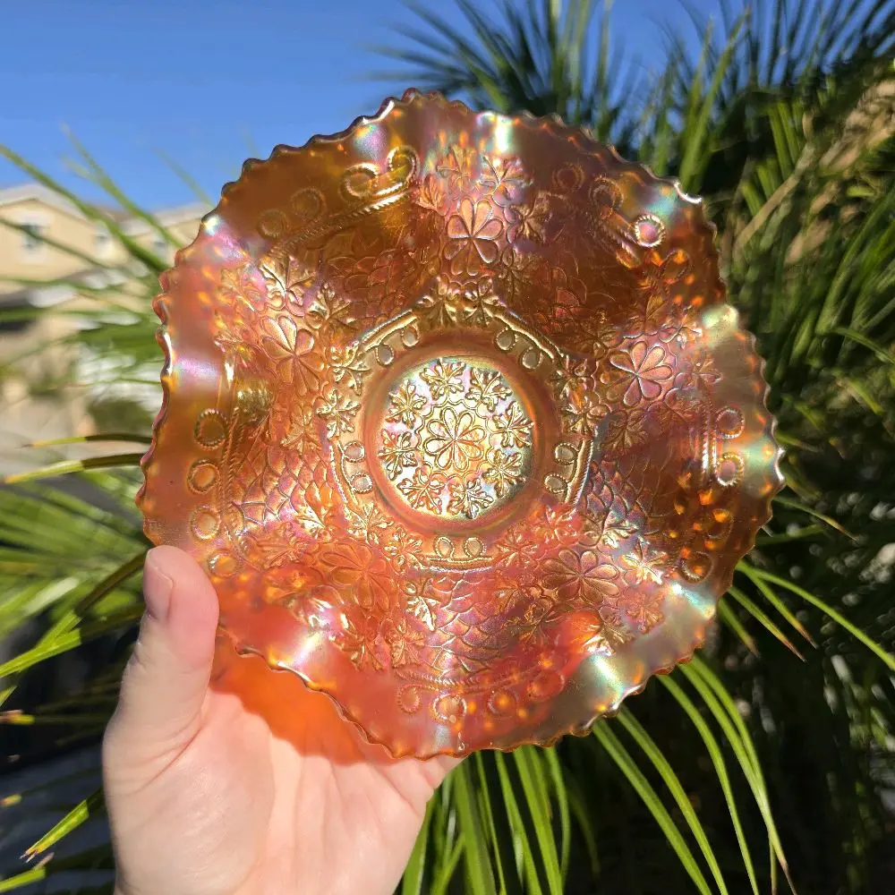 Antique Fenton Marigold Carnival Glass Bowl - Little Flowers / Vintage Grape Back (~1910s)