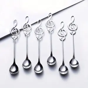[6pcs Musical Note Spoon] 6pcs Stainless Steel Musical Note Creative Cute Teaspoons | Dessert Spoon Coffee Drinking Stirring Spoons (Silver)