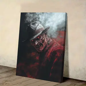 1 Piece Freddy Krueger Canvas Poster, Print - Horror Movie Decoration, Red Eyes and Hat - Nightmare on Elm Street Fan Art - Ready-to-Hang Framed Art - Suitable for Home, Office, Horror Theme Party - Freddy Krueger Wall Decoration, Artwork