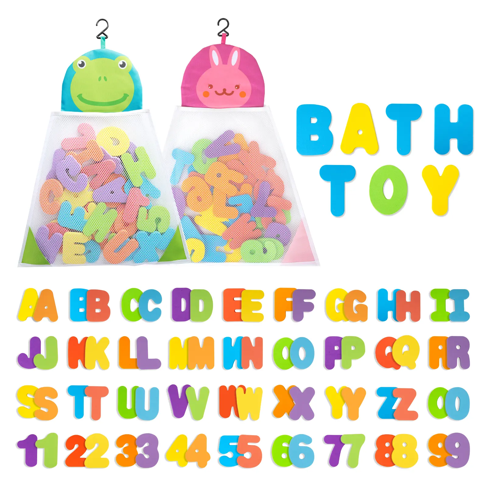Bath Toys Organizer + 36 Soft Foam ABC 123 Letters & Numbers Bathroom Alphabet Baby Toys for Early Learning Foam Letters and Quick Dry Storage Net Bag