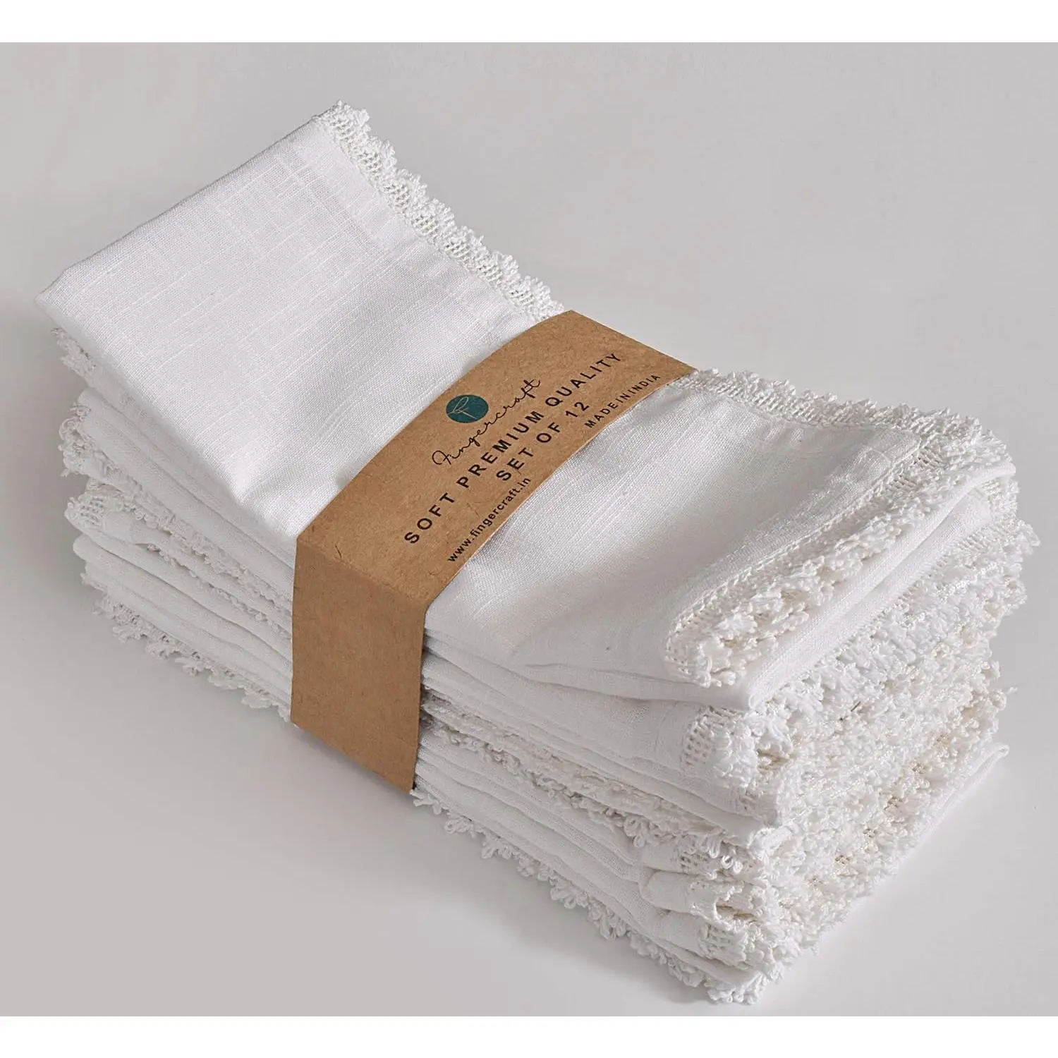 Dinner Cloth Napkin Cotton Linen 12 Pack Vintage Rustic Premium Quality Mitered Corners with Elegant Lace Pre Shrunk Good Absorbency 20x20 in White for Everyday Use