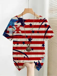 Women's Elegant Star Striped Independence Day Print V-Neck Short Sleeve Sweater, Casual Knit Top Knitwear for Spring Summer Fall, Comfortable and Warm
