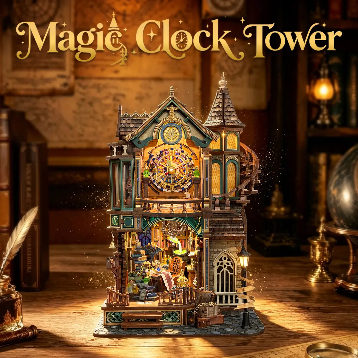Magic Clock Tower Book Nook, Miniature Building Kit with LED Light | DIY 3D Wooden Puzzle for Adults, Fantasy Tower Model, Creative Bookshelf Decor Gift, Relaxing Craft Hobby