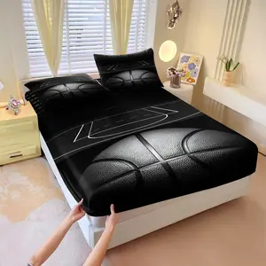 3-piece Fitted Sheet Set Features A Black Background With A Basketball Court Print And Includes Two Pillowcases, Perfect For A Sporty Bedroom, This Durable Bedding Gift Is A Great Choice For Basketball Fans, Bed sheets