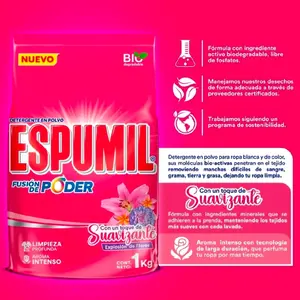 1 Bolsa Espumil 1kg Fusion de Poder y Cuidado Detergente para tu  ropa con un Toque de Suavisante - Tackles Tough Stains  ,Grime and grease Effortlessly but gentle on all Household surfaces From Guatemala