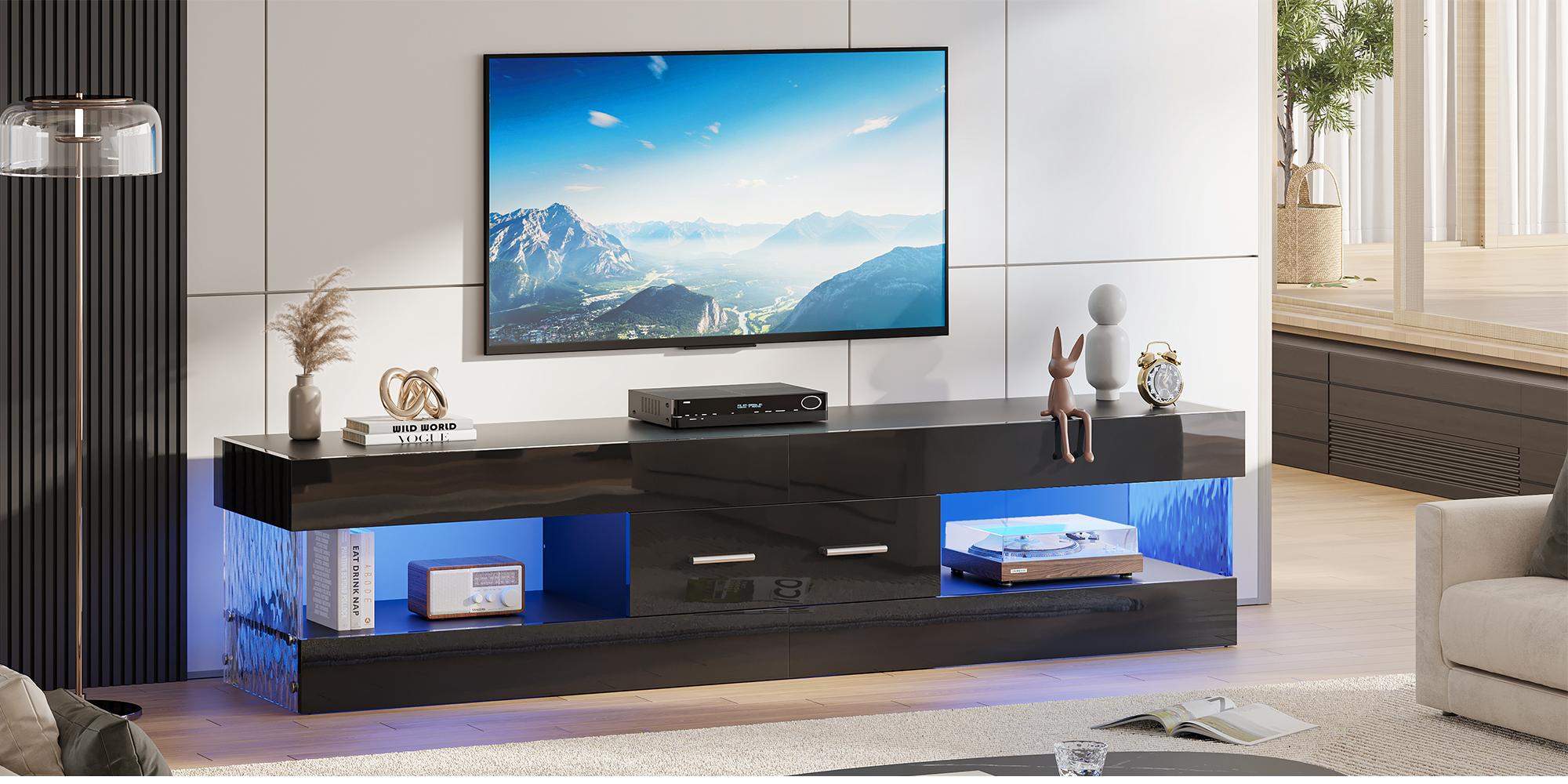 Bestier High Gloss LED TV Stand (67/70in) - Furniture with Storage Drawer, Modern RGB Media Console, Water Ripple Acrylic Side Panels, Remote Color-Changing Lights, Fits Up to 75in TV for Living Room, Apartment & Gaming Room Supplies, Room Decor, House Fu