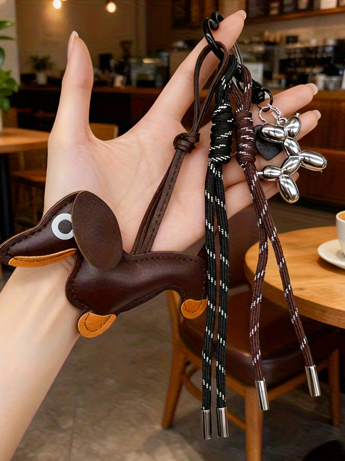Mini Dachshund Balloon Dog Keychain With Black/Coffee Woven Cord - Cute Brown Dog Charm, Suitable For Bags, Pet Lover Accessory, Diy Decoration, Adorable Everyday Item For Commuters, Trendy Cute Keychain, Keychain Accessories