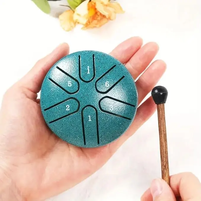 Rain Drum for Outside, 3 In Steel Tongue Drum Rain Chime, 6 Note Rain Drum Instrument for Outside, Rains Drums Chime Waterproof, Soothing Sound Steel Tongue Drum Mini Rain Drum with Drum Mallet for Yoga Meditation Camping (Green)