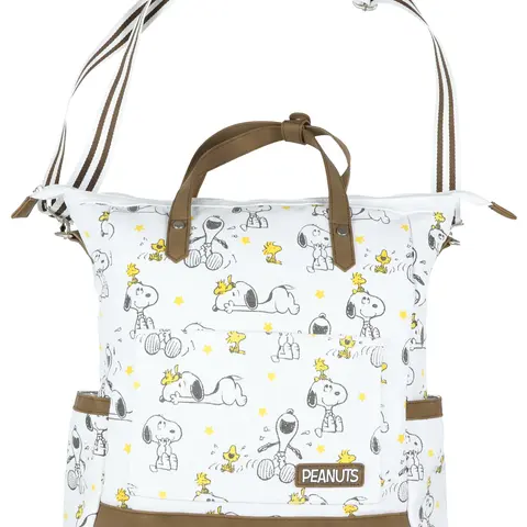 Peanuts Convertible Totepack Snoopy and Woodstock Backpack with Carrying Handles and Shoulder Strap Faux Leather Bottom Bag 16"