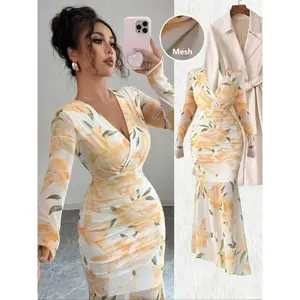 Elegant floral print mesh dress, sexy V-neck, ruched waist, tail hem, long sleeves, tight fit, new fashion women’s clothing, aesthetic, womenswear