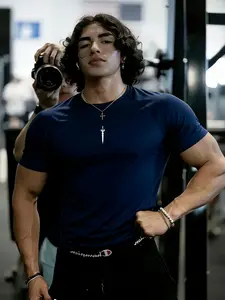 Men's Round Neck Short Sleeve T-Shirt, Breathable Fabric, Tight Fit, Suitable for Gym Sports, Dumbbell Weightlifting, Outdoor Running Training, Active Sportswear, Athletic Apparel