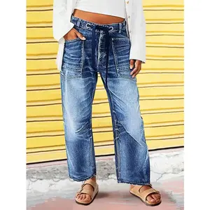 Elegant Women’s Jeans – Straight-Leg Denim Pants with Pockets, Drawstring, Zipper Closure, and Medium Washed Finish; Casual and Versatile for All Seasons — Chic