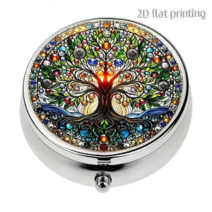 Boho Tree of Life Pill Case with Mirror, Vitamin Organizer, 2-Compartment Design, Portable & Compact Travel Medication Holder, Ideal Gift for Boho Lovers