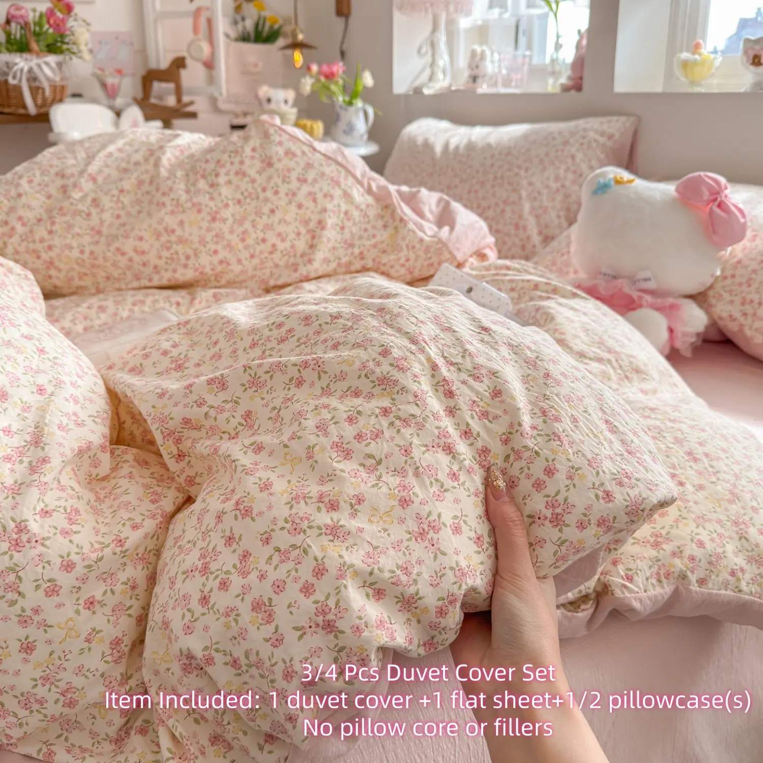 Pink Floral Duvet Cover Set for Girls Women, Comfy Bedding Sets, Cottagecore Bedding Set Peach Floral Comforter Cover with Zipper Closure, Vintage Country Bedding, Soft Bedding Comforter Cover Set, 1 Duvet Cover+1 Flat Sheet +1/2 Pillowcases