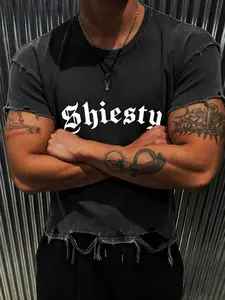 Men's Short Sleeve T-Shirt Shiesty Gothic Letter Print, 100% Cotton Washed Vintage Fabric, Round Neck Loose Fit Medium Length