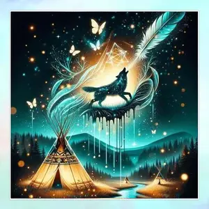 5D DIY Full Drill Round Diamond Painting - Diamond Art Painting Kit Wolf, Feather, Tent Mosaic, Canvas - DIY Decor, Home Wall Decoration, Suitable for Halloween and Christmas, Birthday and Anniversary Gifts