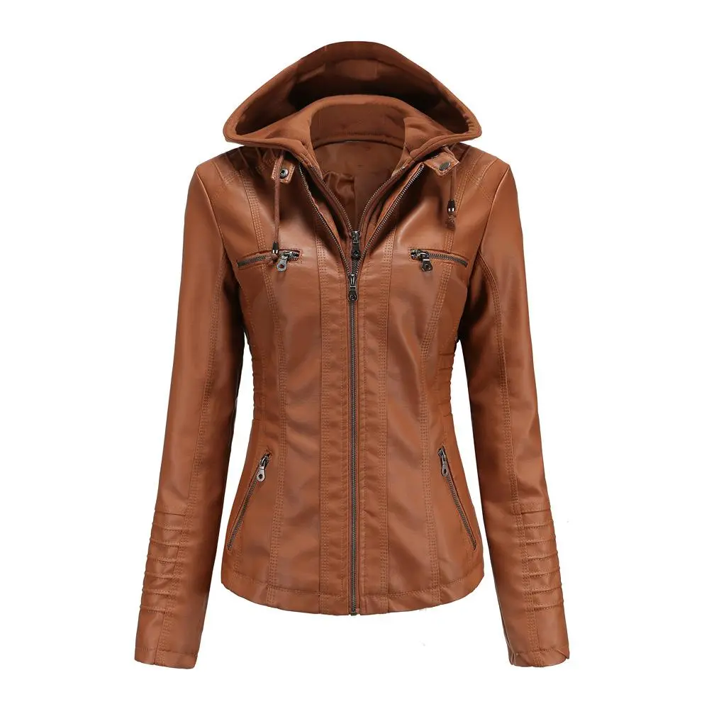 BIGWIG Women's Motorcycle Leather Jacket Hooded Coat, Faux Leather Jacket, Lightweight PU Motorcycle Clothes, Solid Color Fashion Coat, Autumn Casual Slim Fit Long Sleeve Zipper Holiday Windbreaker Jacket, Removable Hood, Spring and Autumn Coat