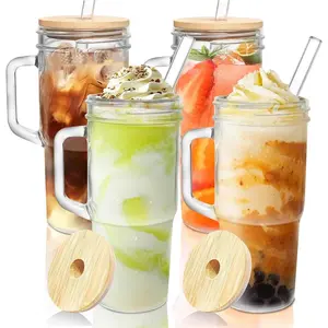 4 Pack 930ml Glass Drinking Tumbler Mugs with Bamboo Lids, Plastic Lids, Metal Straws & Brushes, Ideal for Iced Coffee, Smoothies and Juices