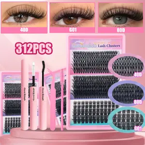 312pcs Eyelash Extension Kit, Makeup Set, Mixed Lengths 9-16mm, Portable, Dense, Long Curly Lashes, Lightweight Natural Look, Includes Glue, Tweezers, Brush