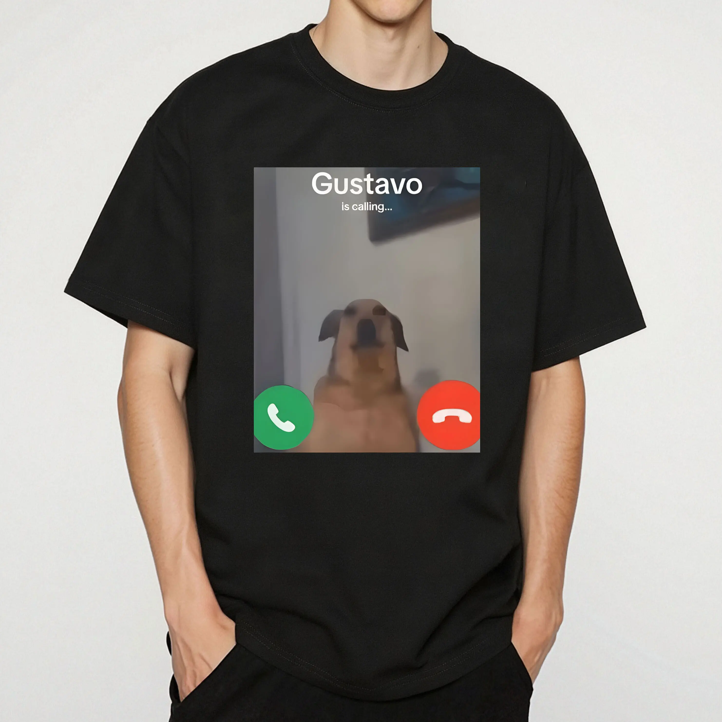 Unisex 'Gustavo Calling' Dog Graphic T-Shirt, a Casual Minimalist Short Sleeve Top for Animal Lovers in Smooth Cotton with a Relaxed Fit, Joggers, Prints, Small, Day, Simple