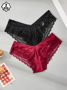 Women's Lace Patchwork Thong Panties, Sexy Fashion Hollow Out Semi-Transparent Lingerie, Soft Comfortable Fitted Casual Holiday Gift Underwear, Casual Comfy Panties