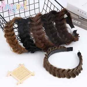 Anygoal Messy Braided Fishtail Headband Wig, Wide Synthetic Hair Hairpiece with Teeth, Heat-Resistant High-Elasticity Sports Headband Accessory for Women Daily Wear (155, 160)
