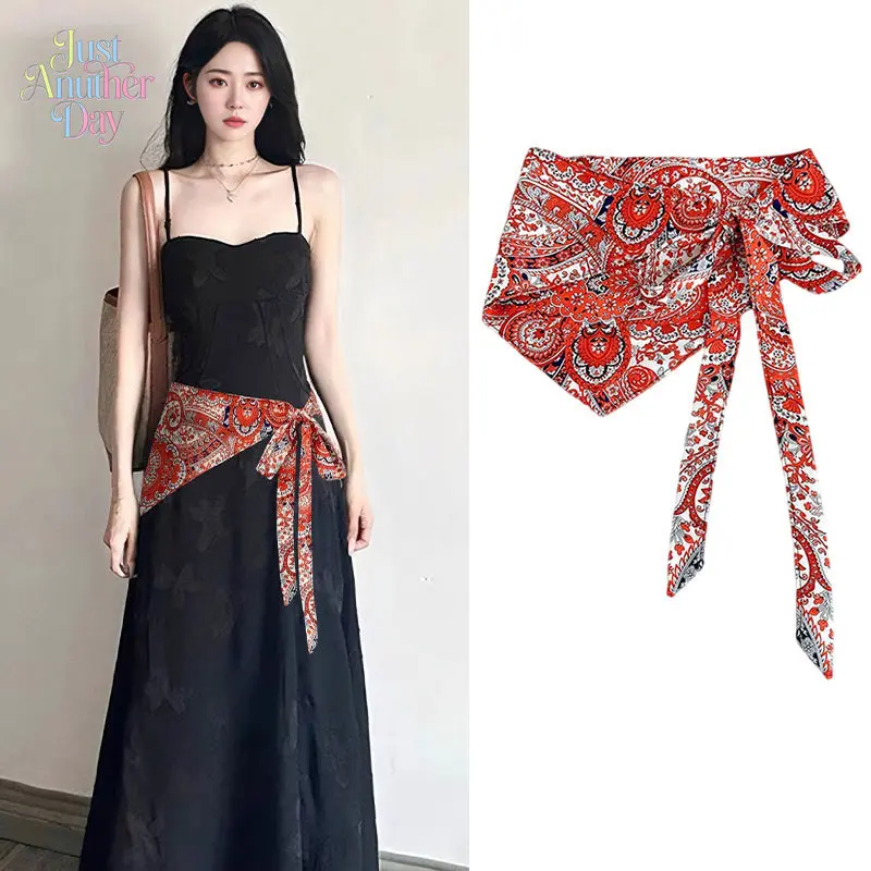 Paisley Print Triangle Scarf Waist Sash, Multi-Use Ethnic Style Belt, High-End Layering Accessory for Dresses