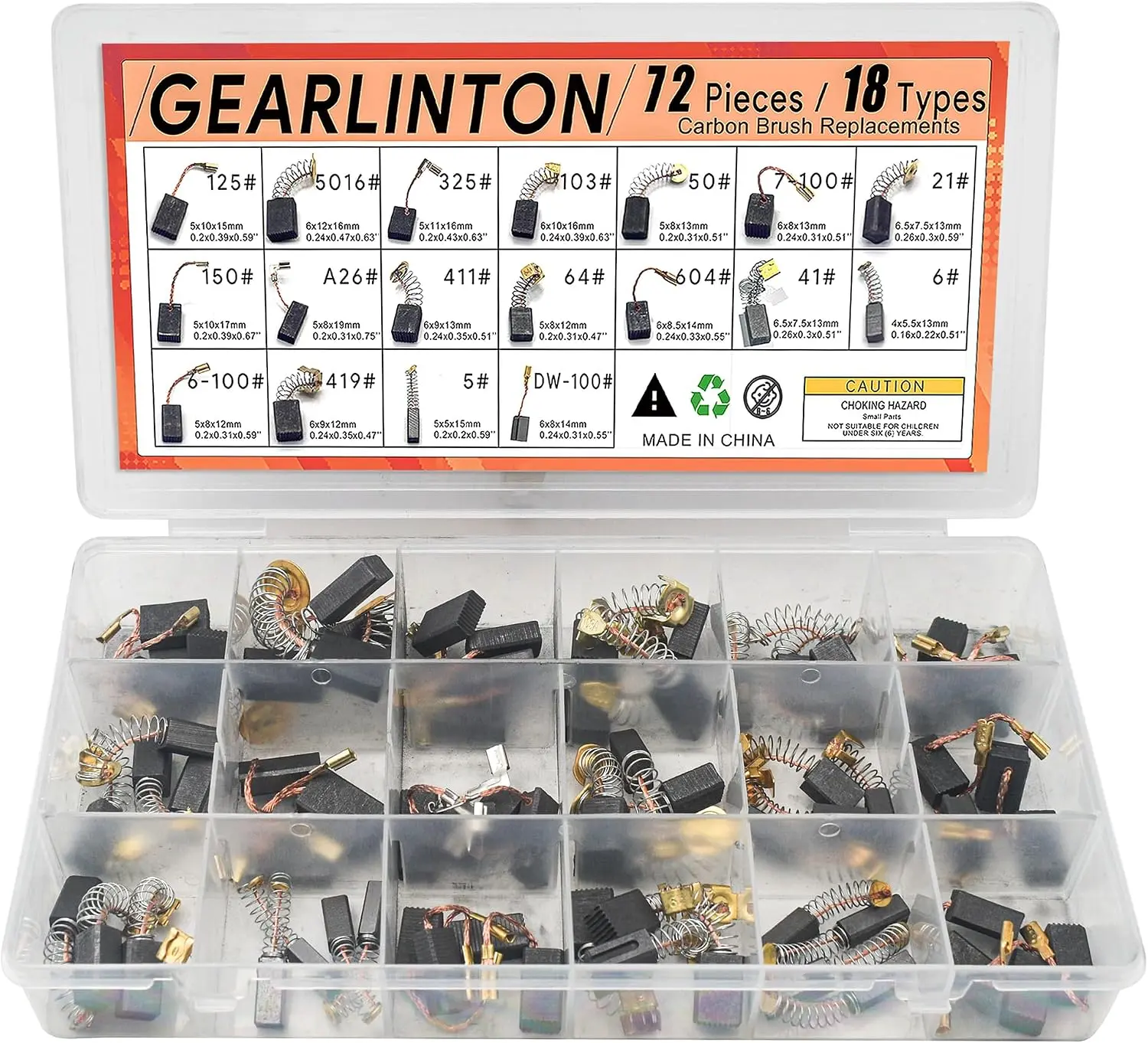 Electric Motor Carbon Brushes, Set of 72 PCS 18 Sizes | for Power Tools Repair Maintenance, for Angle Grinders, Electric Hammer Drills, Circular Saws