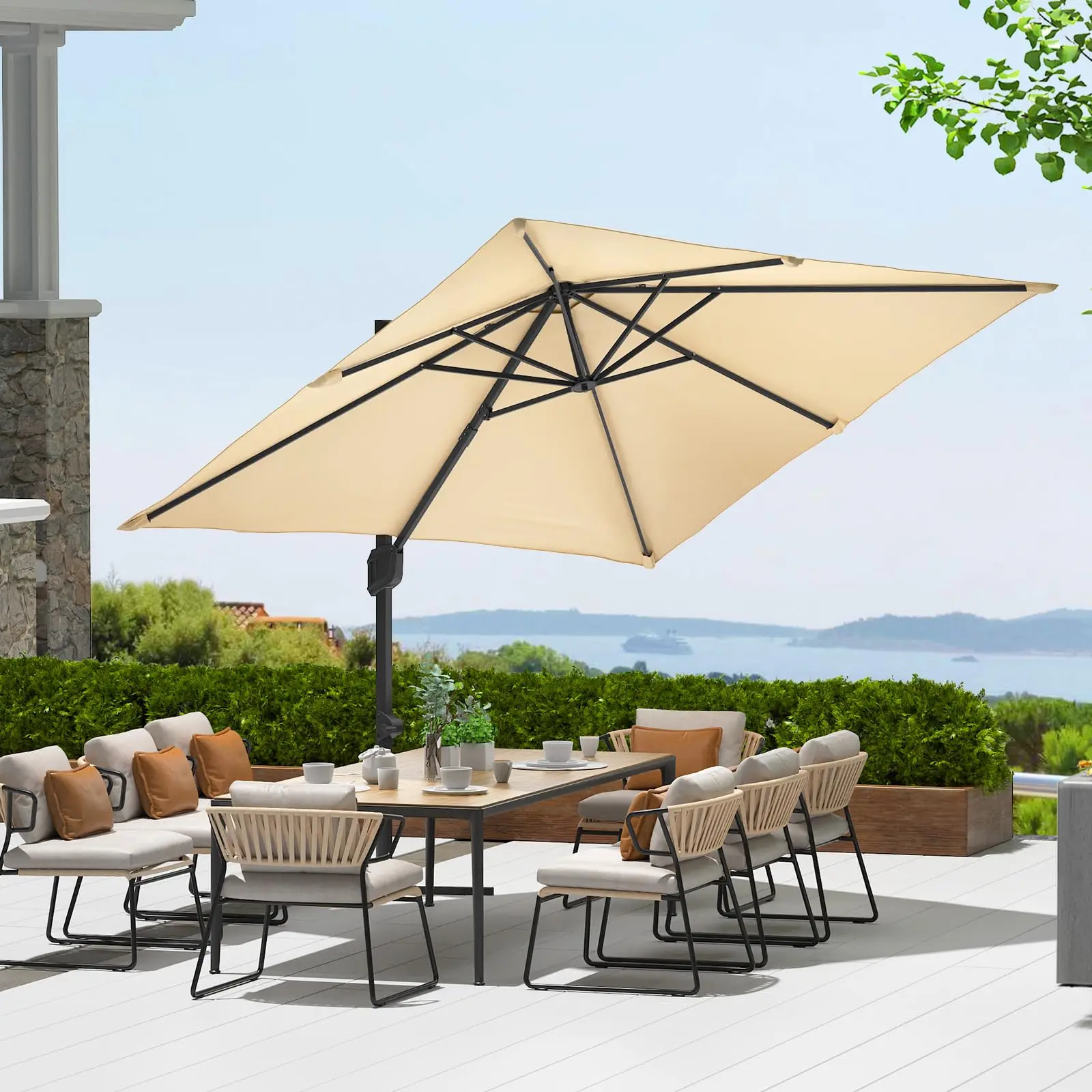10x10 FT Offset Patio Umbrella with Base Included, 360° Rotation Large Square Cantilever Umbrella, Outdoor Sun Shade with Easy Tilt for Pool, Backyard, Deck, Garden, Beige