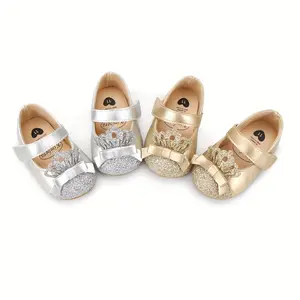 Lively & Joyful Baby Girl Footwear with Sparkling Crown Design - Elegant Sequin Princess Style, Flexible Sole for Beginners, Hook-and-loop Fastener Closure Ideal Parties Crib Wear