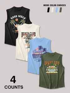 Men's Beach & Palm Tree 4-Pack Sleeveless Tank Top – Trending Good Vibes Summer Streetwear, Viral Salty Day Beach Vacation Top (Multiple Colors)