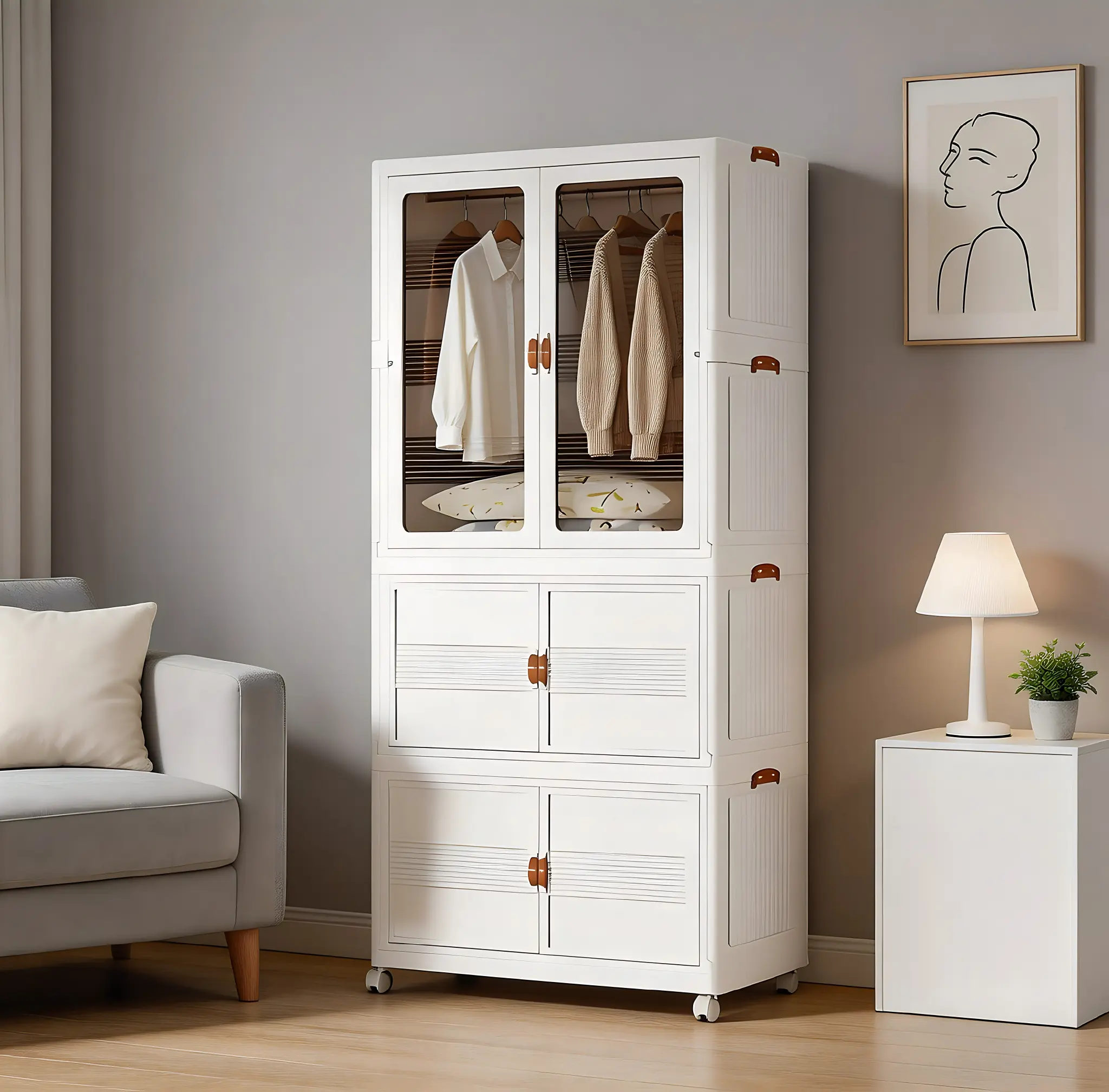 Foldable Space-Saving Floor Cabinet - Stackable Organizer Bins with Wheels, Magnetic Door, Dustproof Interior Storage Furniture for Home, Garage Use