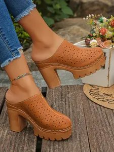 Women's Hollow Out Floral Heeled Mules, Thick Sole Waterproof Platform Slip-Ons, Breathable High Heel Shoes for Women