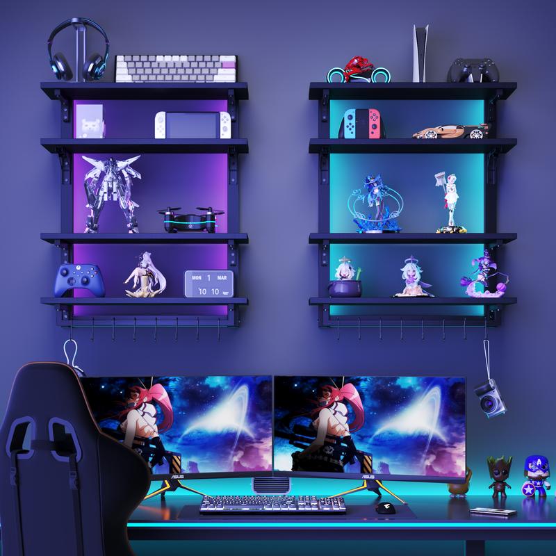 Foldable Gaming Floating Shelves with Adjustable Shelf, 24 Inch Wall Mounted Shelves with Dynamic LED for Living Room Game Room Cologne Holder Wooden Key Mail Holder
