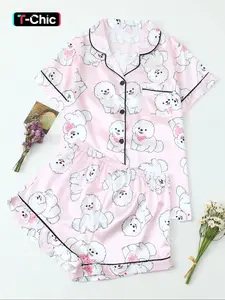 Women's Cute Dog Print Pajama Set, Satin Sleepwear with Fitted Short Sleeve Collared Top & Shorts, Casual Home Wear Loungewear for All Seasons