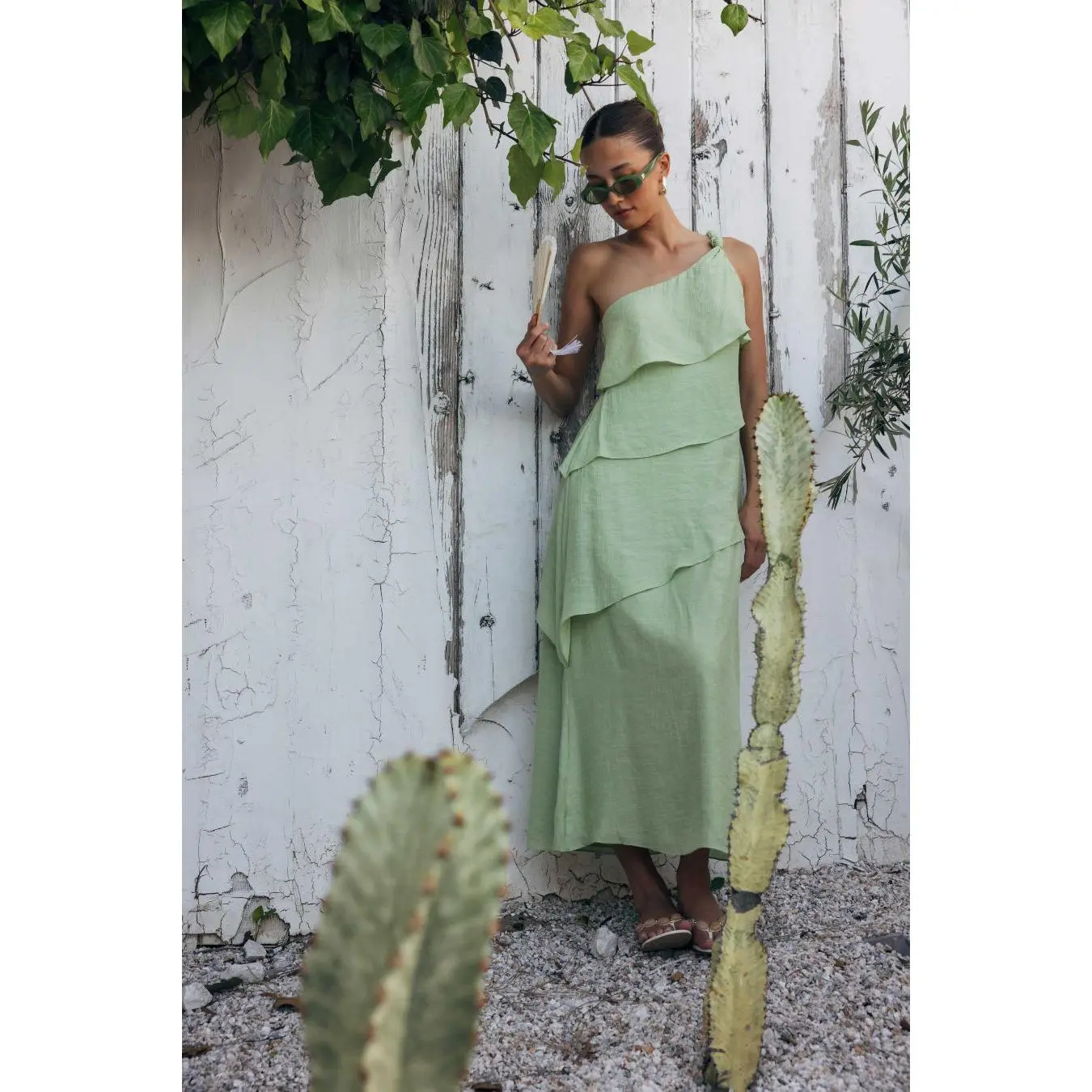 Women's Freya Ruffle-Tiered Cotton Maxi Dress, Sage Color, Strap Design, Knot Detail, Sleeveless, Soft, Ruffled Layers, Asymmetry, Side Zip