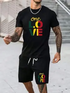 Men's Printed Short Sleeve T-Shirt and Knee Length Shorts Set, Casual Breathable Outdoor Sportswear for Summer, Two Piece Activewear