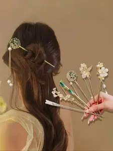 6-piece set of elegant and fancy antique style Chinese style hair accessories, suitable for Hanfu and Qipao, made of alloy imitation jade material, with hair styling accessories for the back of the head, suitable for daily use, Hair Pin Set