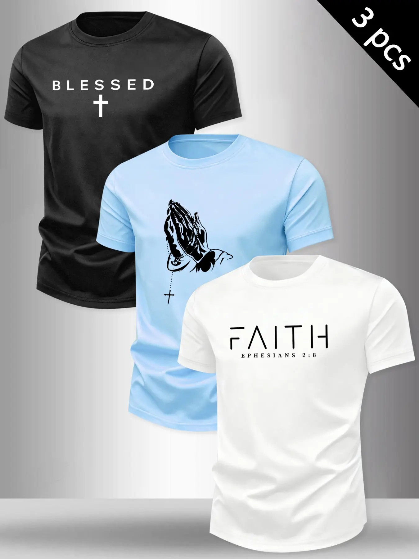 Men's 3-Pack Christian Faith Graphic Round Neck T-Shirts, Blessed Cross Praying Hands Print Casual Tees, Religious Streetwear Tops, Menswear Fashion Clothes Men #ChristianApparel #FaithWear #MensGraphicTees #ReligiousClothing #TikTokMadeMeBuyIt