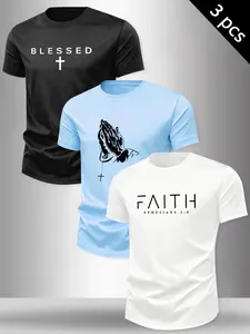 Men's 3-Pack Christian Faith Graphic Round Neck T-Shirts, Blessed Cross Praying Hands Print Casual Tees, Religious Streetwear Tops, Menswear #ChristianApparel #FaithWear #MensGraphicTees #ReligiousClothing #TikTokMadeMeBuyIt