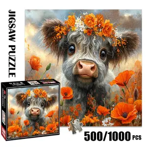 1pc 1000 piece adult puzzle 58x58cm Cute Cow with Flower Crown in a Field of Poppies 500 pieces paper jigsaw puzzle suitable for DIY creative games for adults and families, birthday and holiday st