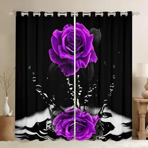 Feelyou Purple Rose Window Curtains, Romantic Floral Blossom Home Decoration Drapes, Black-Purple Home Textile Window Treatments for Lovers, 2 Panels, Home Decoration Curtain