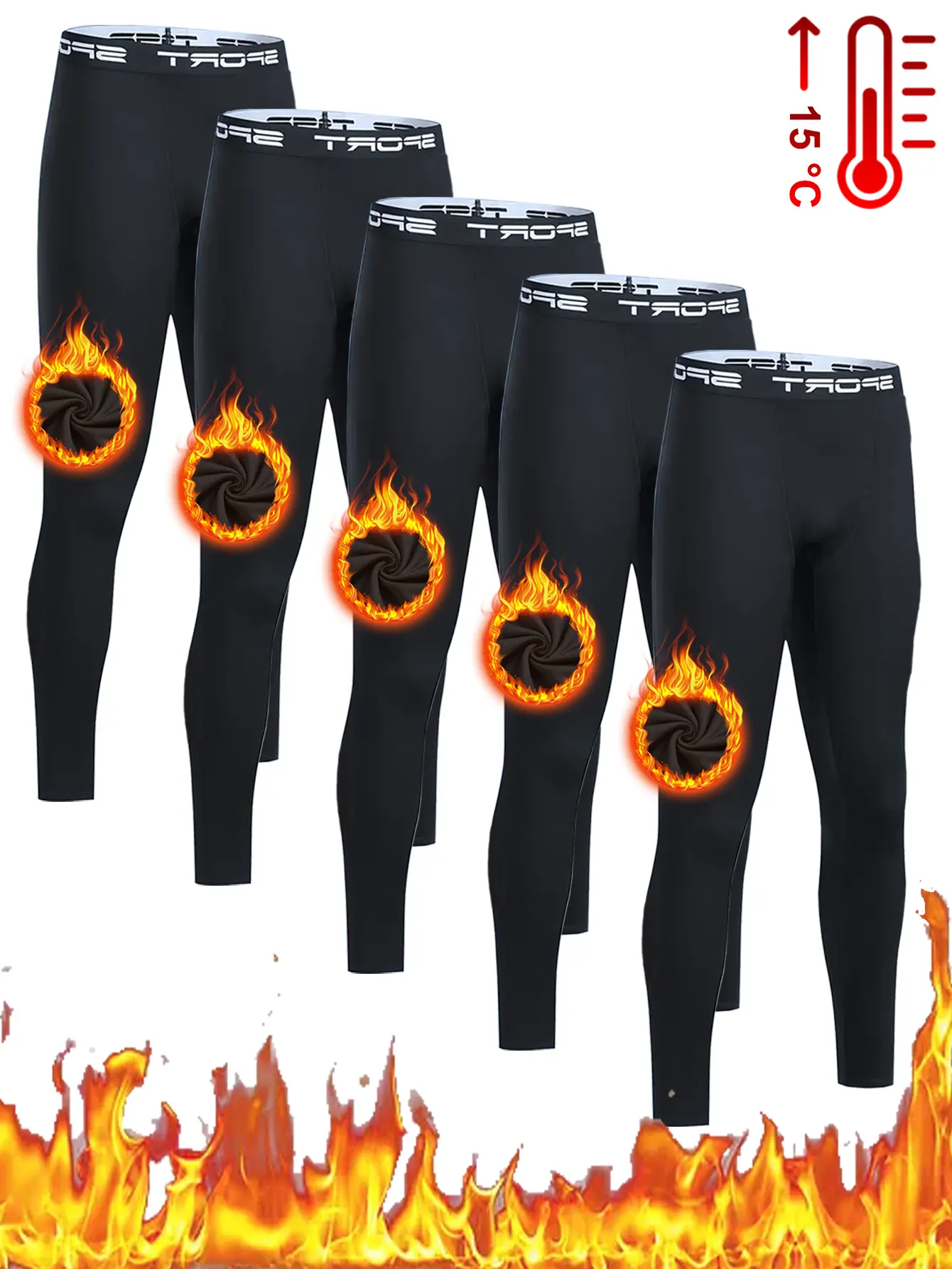Men's 5-Pack Thermal Compression Bottoms, Padded Knit Base Layer, Fast-Drying Sportswear for Outdoor Winter Activities