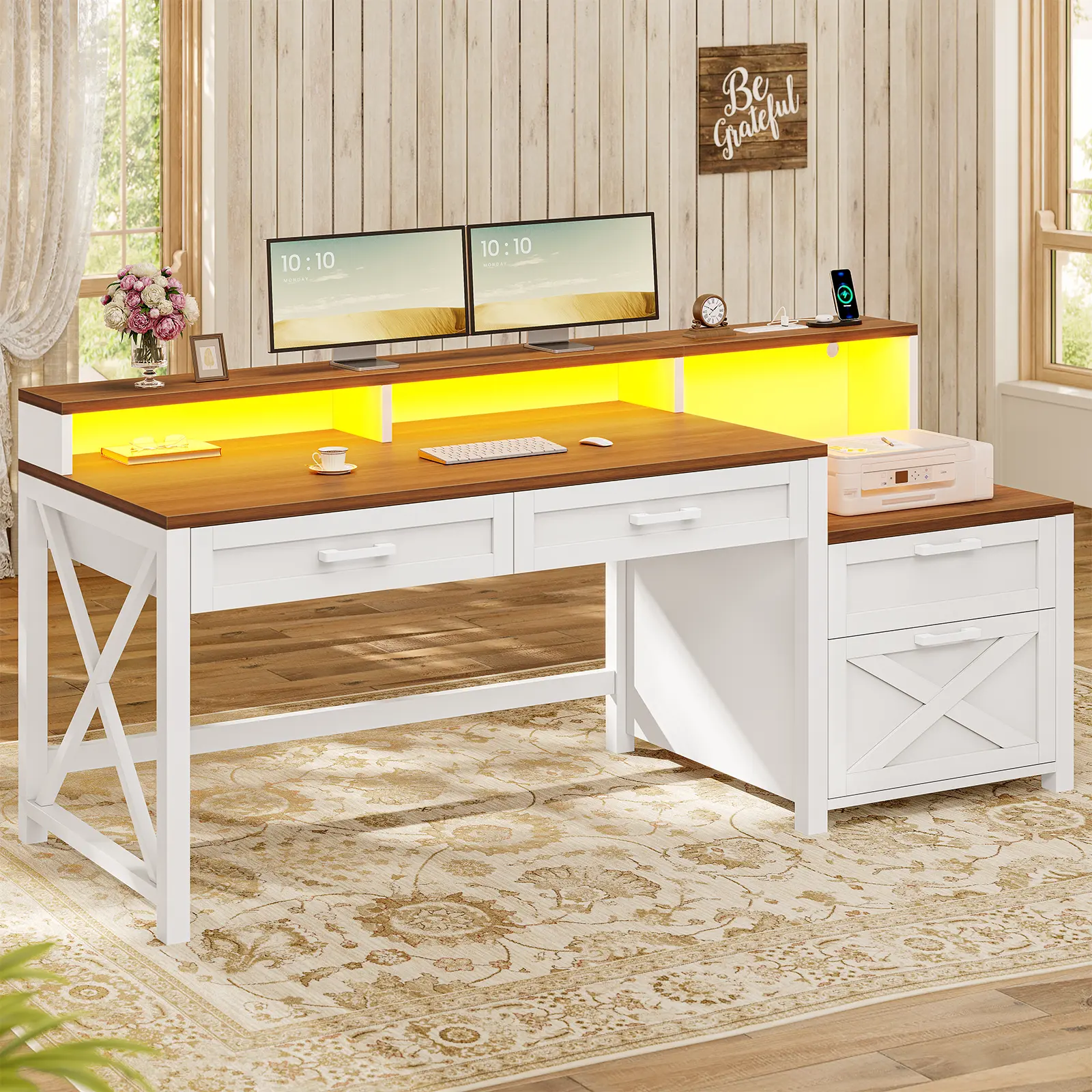 Sedeta Rustic Sturdy Computer Desk - Commercial Home Office Furniture for Adults, 4 Drawers (1 File Drawer), Power+USB Outlet, Storage Shelves, Printer Cabinet, Monitor Shelf, LED Lighting, Watch Party Ready, Durable