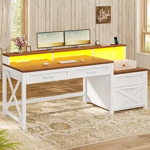 SEDETA Farmhouse Home Office Desk with File Drawer & Power Outlet, Computer Desk with 4 Drawer, Storage Shelves, Printer Cabinet and Monitor Shelf, Gaming Desk with Led Lights