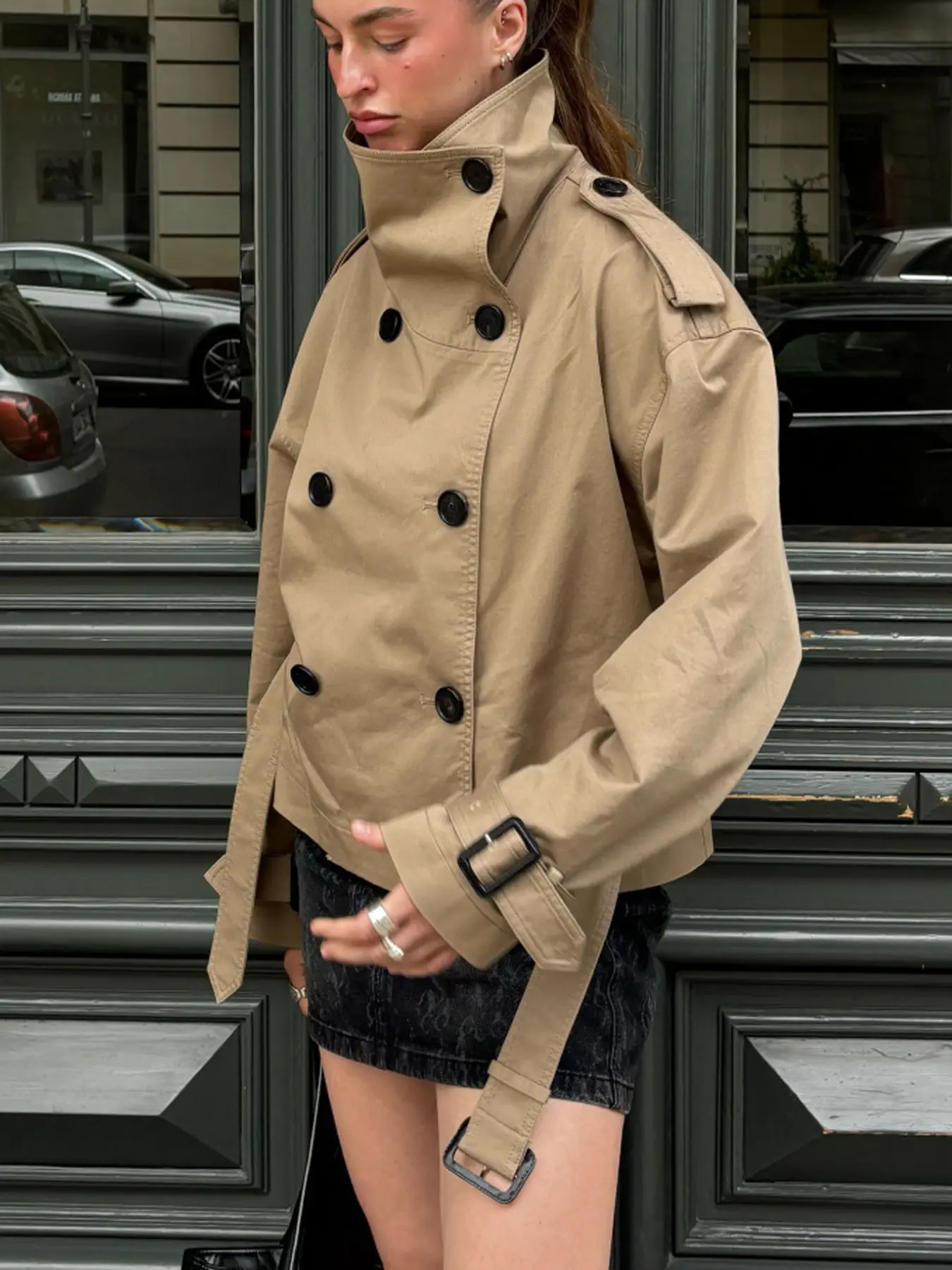 Women's Windbreaker Beige Cropped Trench Coat Double Breasted Fitted Long Sleeve Jacket with Belted Waist Shoulder Casual Womenswear Layered Outerwear Female Coat Spring Summer Casual Chic Outerwear