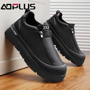 AOPLUS Men's Slip-On Sneakers – Stylish Black Zipper Shoes with Platform Sole