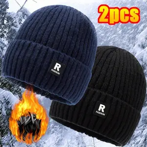 2-Pack Cold-Proof Beanie - Men’s Fleece-Lined Knitted Ski Hat for Outdoor