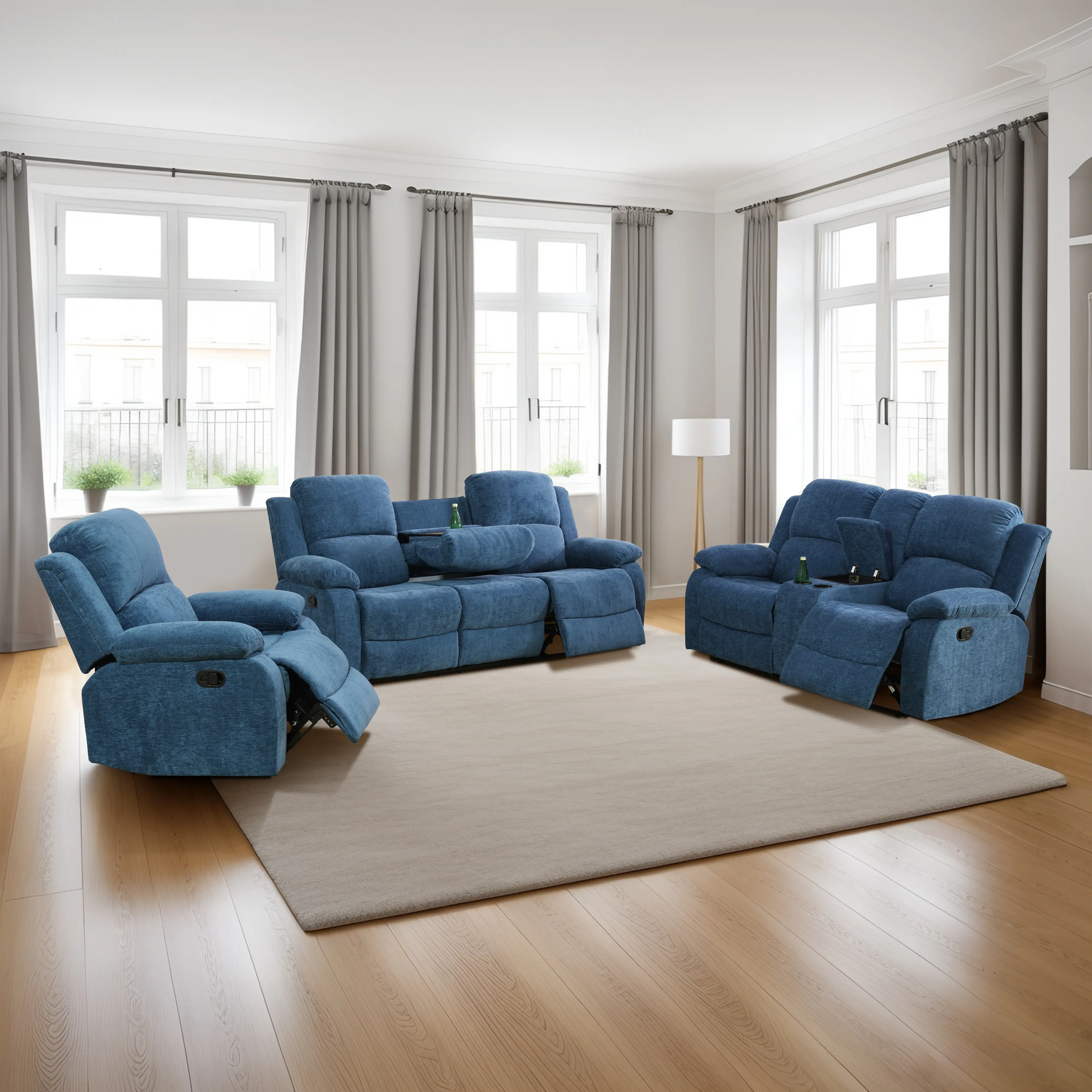 Light Blue Fluffy Cotton Upholstered Sectional Sofa - Sturdy Plush Accent Couch with Adjustable Arms, Assembly Required, for Living Room & Small Space Seating